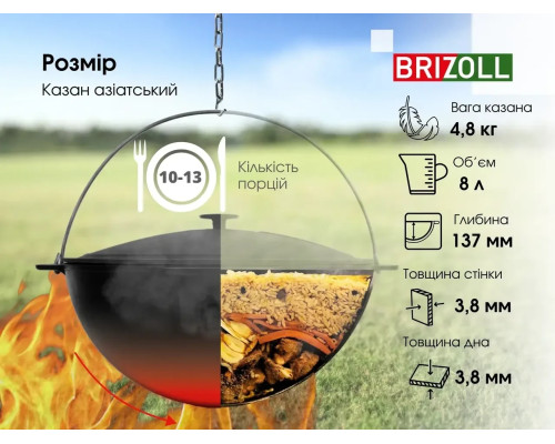 Казан чавунний азіатський із кришкою, 8 л Brizoll, Брізол