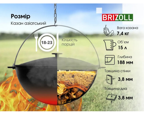 Казан чавунний азіатський із чавунною кришкою, 15 л Brizoll, Брізол