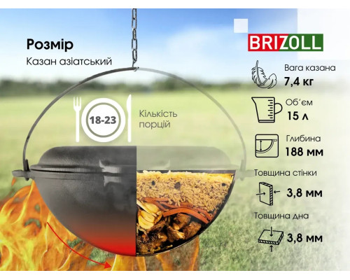 Казан чавунний азіатський із кришкою-сковородою об`ємом 15 л Brizoll, Брізол