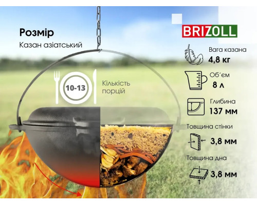 Казан чавунний азіатський із кришкою-сковородою, 8 л Brizoll, Брізол